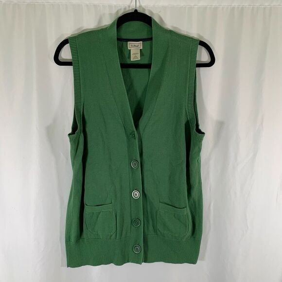LL Bean Vest Women's Large Green Button Front Pockets Vneck 100% Cotton - Picture 1 of 6